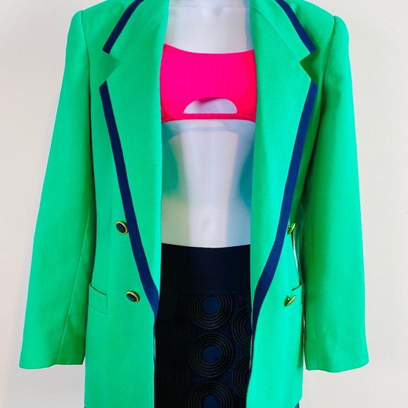 Great Kelly Green & Navy Blue Detail Double Breasted Versatile Wear Blazer - Picture 4 of 11
